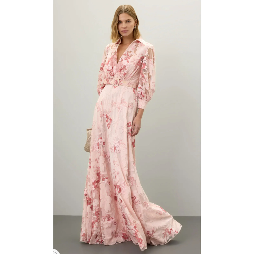 Badgley Mischka Blush Pink Floral V‑Neck Maxi Dress